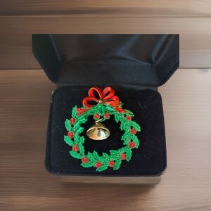 Vintage Christmas Wreath Brooch Bell Pin Mid Century Holiday Holly Bow